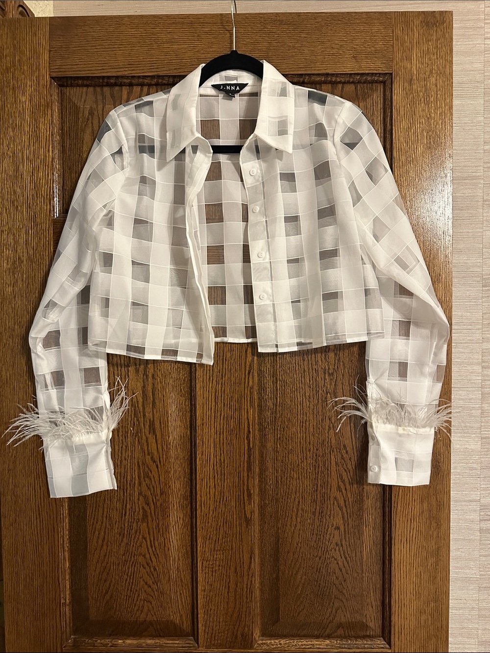 White Sheer Check Crop Blouse with Feather Cuffs
